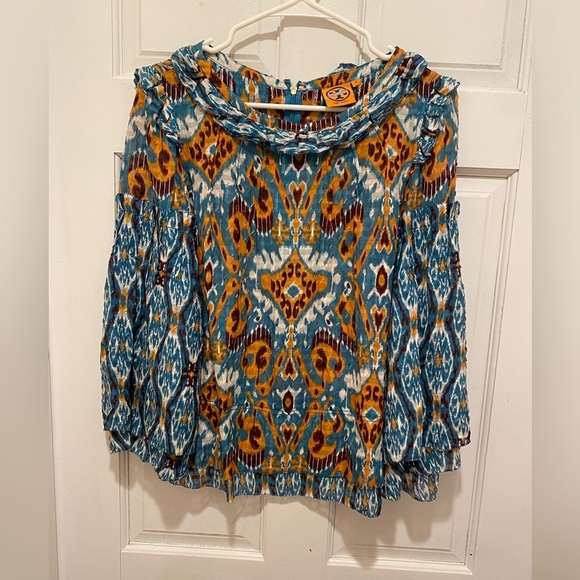 🌷Tory Burch Blue and Orange Pleated Blouse with 3/4 Sleeves - Picture 1 of 6